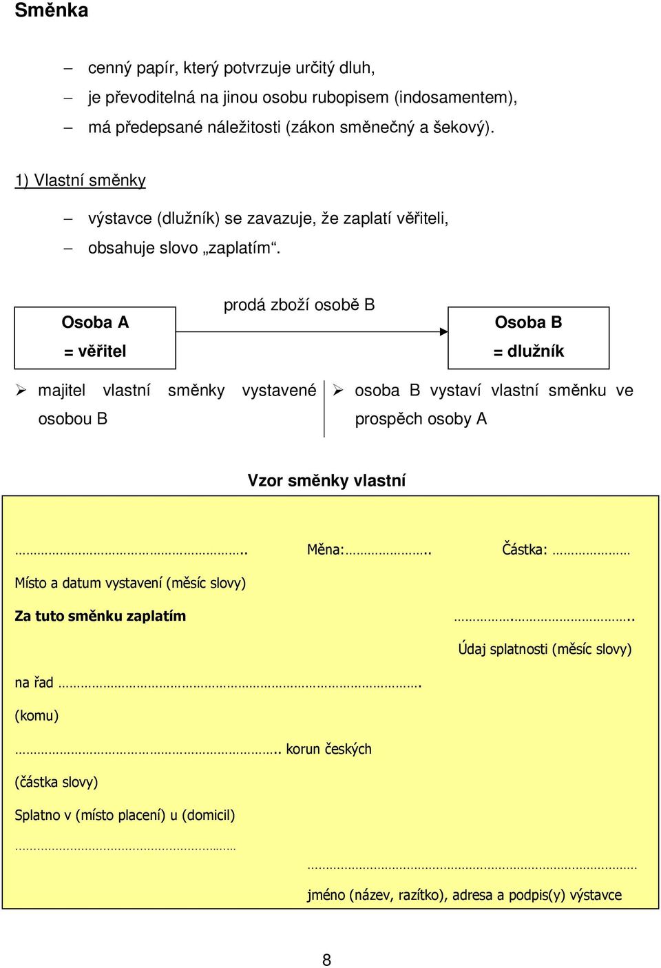 Osoba A = věřitel prodá zboží osobě B Osoba B = dlužník majitel vlastní směnky vystavené osobou B osoba B vystaví vlastní směnku ve prospěch osoby A Vzor směnky vlastní.