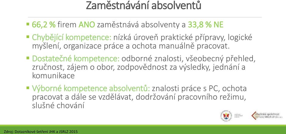 Dostatečné kompetence: odborné znalosti, všeobecný přehled, zručnost, zájem o obor, zodpovědnost za výsledky, jednání a