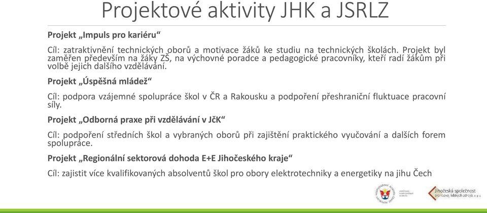 Projekt Úspěšná mládež Cíl: podpora vzájemné spolupráce škol v ČR a Rakousku a podpoření přeshraniční fluktuace pracovní síly.