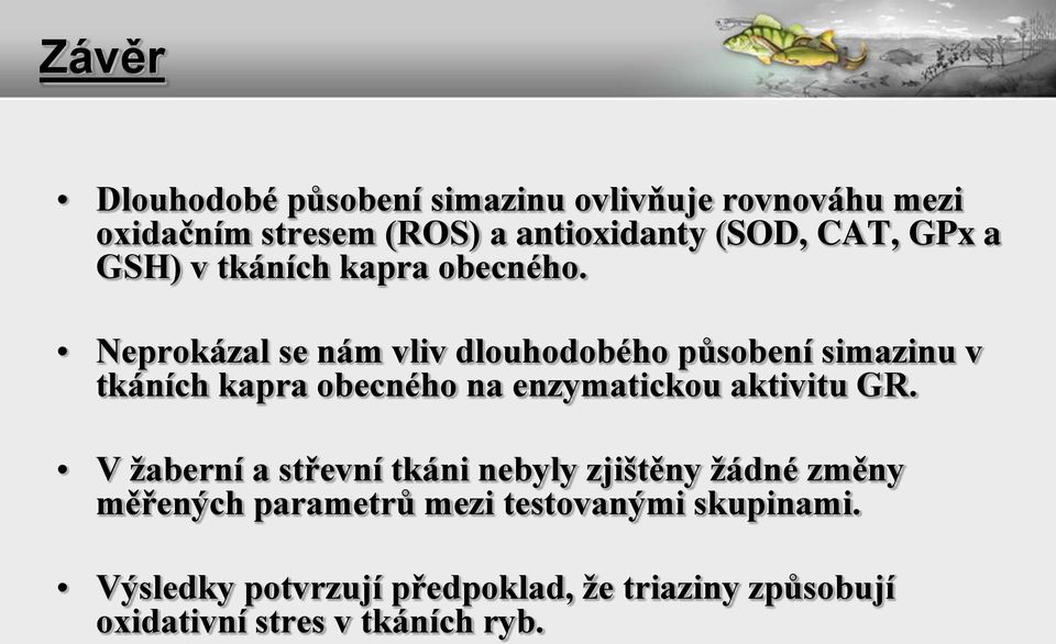 Neprokázal se nám vliv dlouhodobého působení simazinu v tkáních kapra obecného na enzymatickou aktivitu GR.