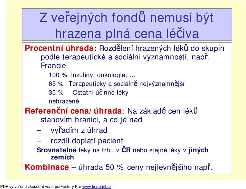 Francie 100 % Inzulíny, onkologie, 65 % Terapeuticky a sociálně nejvýznamnější 35 % Ostatní účinné léky nehrazené