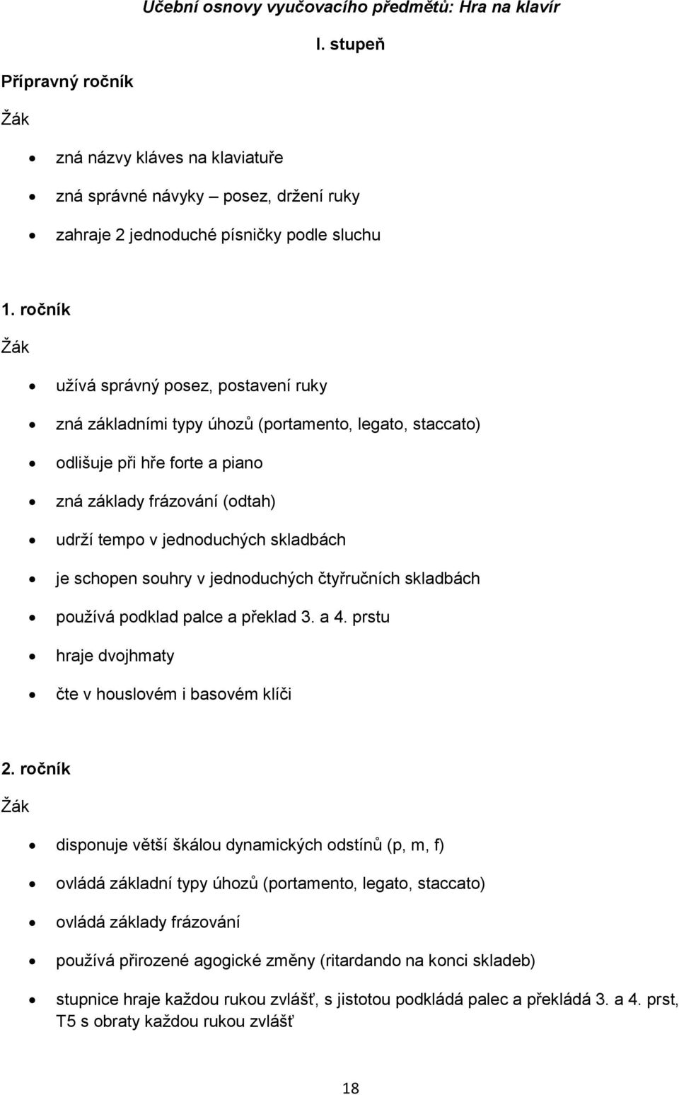 je schopen souhry v jednoduchých čtyřručních skladbách používá podklad palce a překlad 3. a 4. prstu hraje dvojhmaty čte v houslovém i basovém klíči 2.