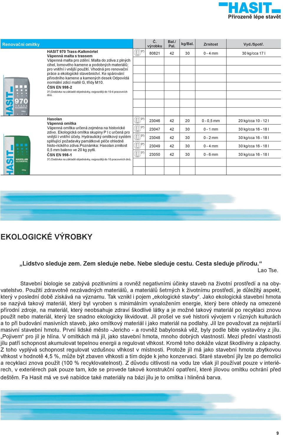 ČSN EN 998-2 Dodávka na základě objednávky, nejpozději do 10-ti pracovních dnů. kg/bal. Zrnitost Vyd./Spotř.