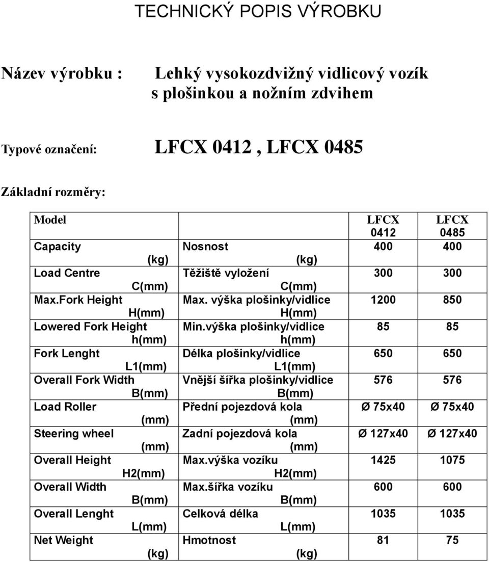 Weight (kg) Nosnost (kg) Těžiště vyložení C(mm) Max. výška plošinky/vidlice H(mm) Min.