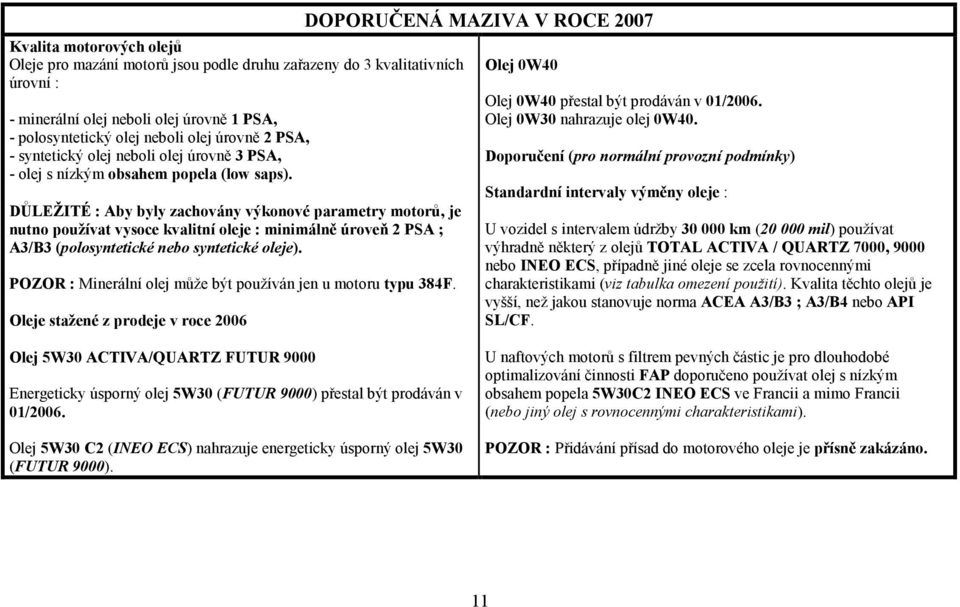 DŮLEŽITÉ : Aby byly zachovány výkonové parametry motorů, je nutno používat vysoce kvalitní oleje : minimálně úroveň 2 PSA ; A3/B3 (polosyntetické nebo syntetické oleje).