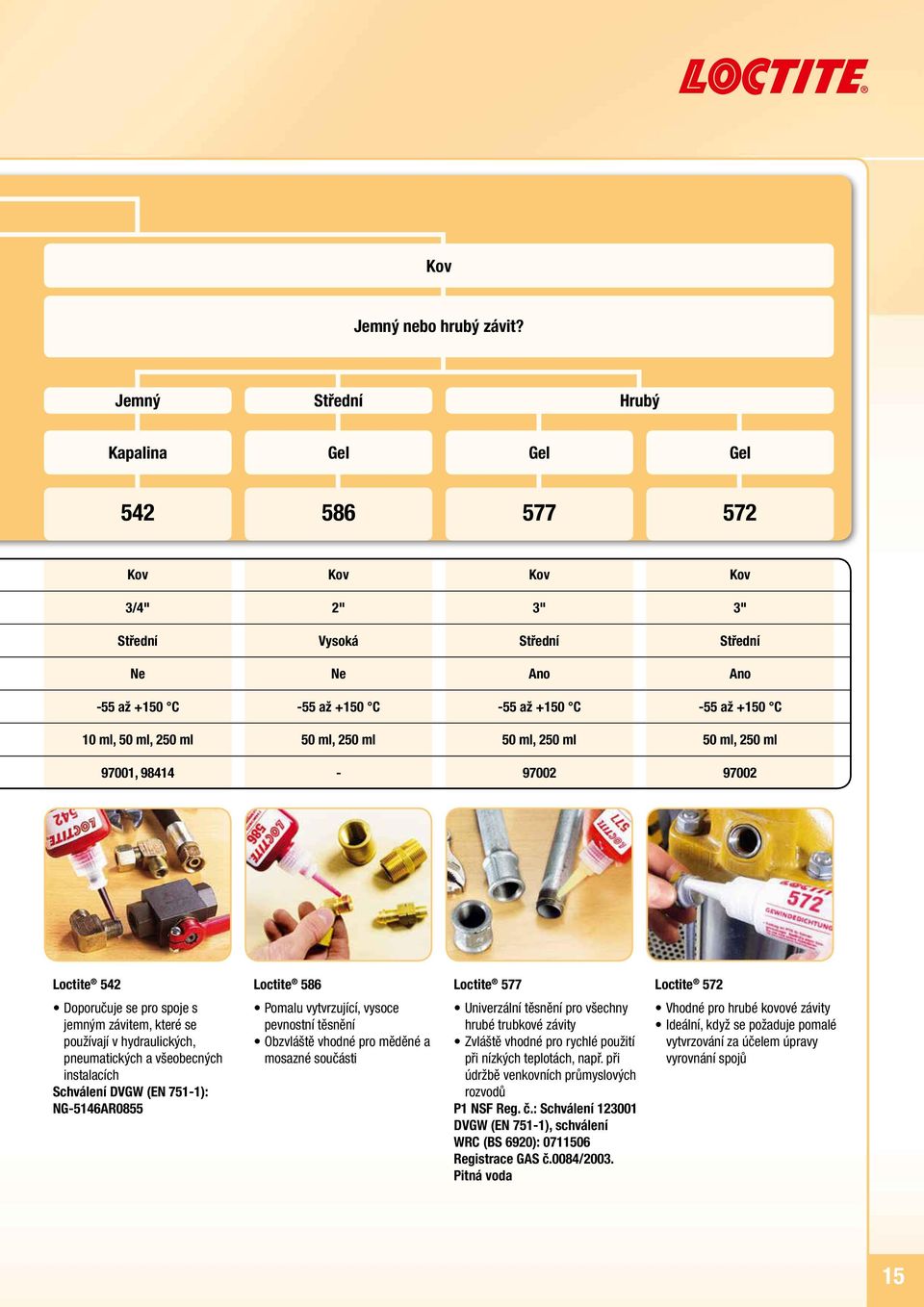 ml, 250 ml 50 ml, 250 ml 50 ml, 250 ml 50 ml, 250 ml 97001, 98414-97002 97002 Loctite 542 Loctite 586 Loctite 577 Loctite 572 Doporučuje se pro spoje s jemným závitem, které se používají v