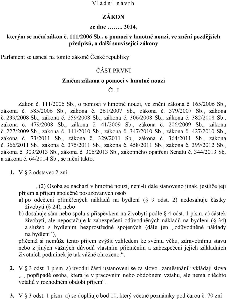 111/2006 Sb., o pomoci v hmotné nouzi, ve znění zákona č. 165/2006 Sb., zákona č. 585/2006 Sb., zákona č. 261/2007 Sb., zákona č. 379/2007 Sb., zákona č. 239/2008 Sb., zákona č. 259/2008 Sb.