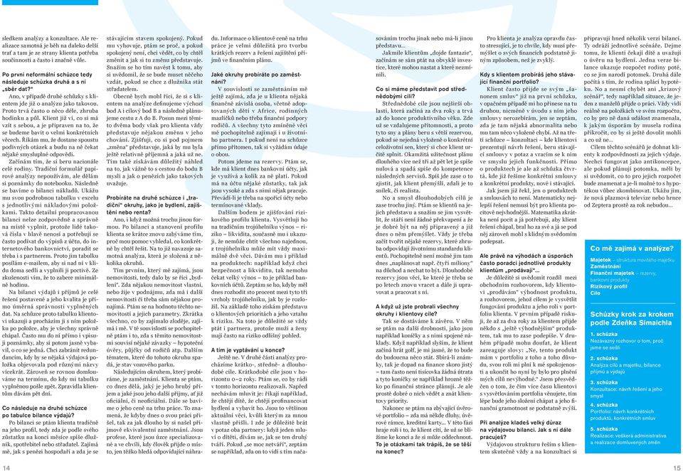 Klient již ví, co si má vzít s sebou, a je připraven na to, že se budeme bavit o velmi konkrétních věcech. Říkám mu, že dostane spoustu podivných otázek a budu na ně čekat nějaké smysluplné odpovědi.