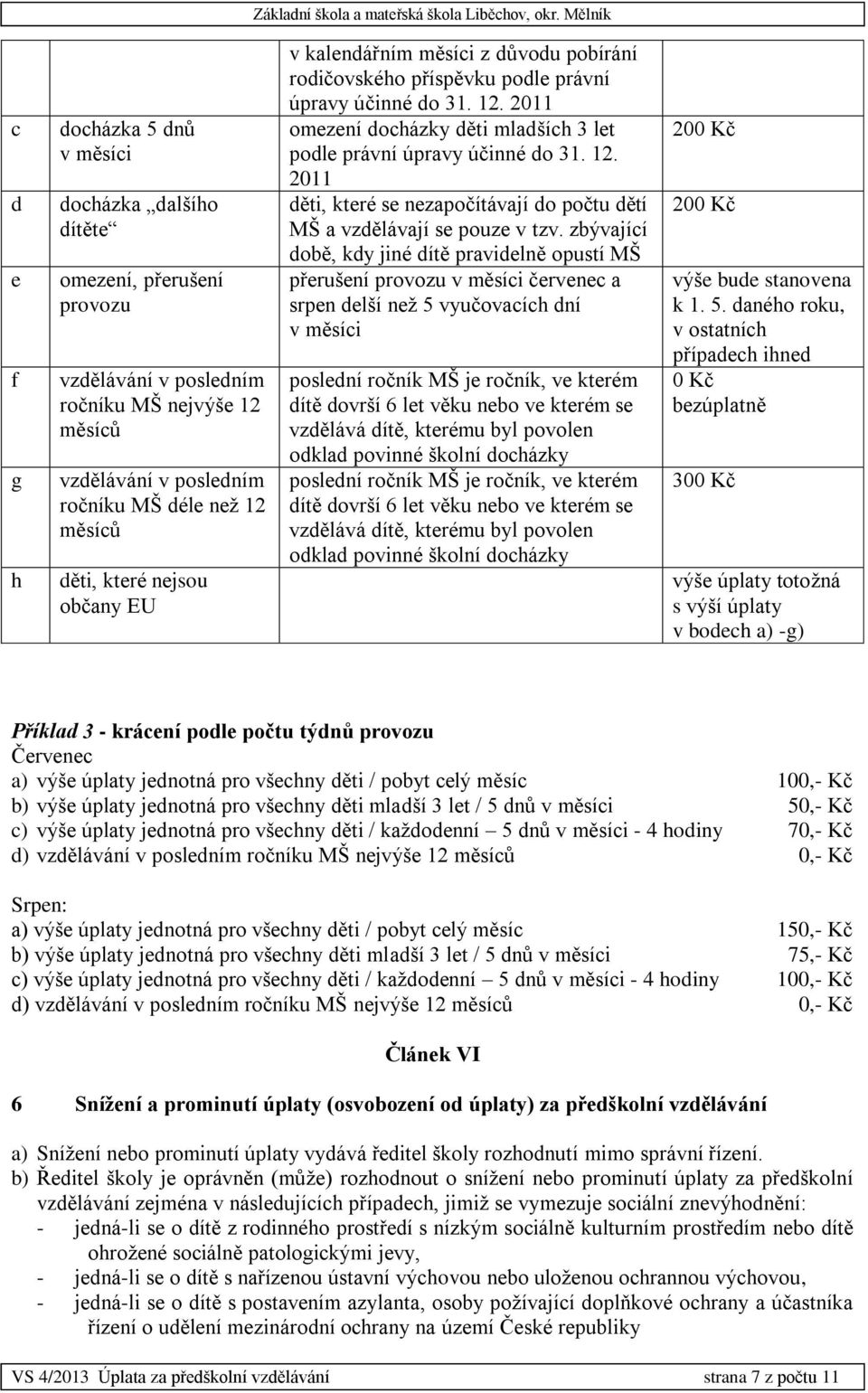 12. 2011 děti, které se nezapočítávají do počtu dětí MŠ a vzdělávají se pouze v tzv.