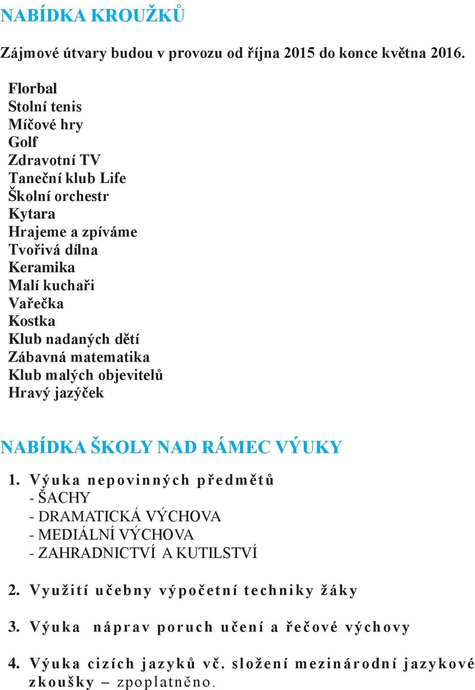 Kostka Klub nadaných dětí Zábavná matematika Klub malých objevitelů Hravý jazýček NABÍDKA ŠKOLY NAD RÁMEC VÝUKY 1.