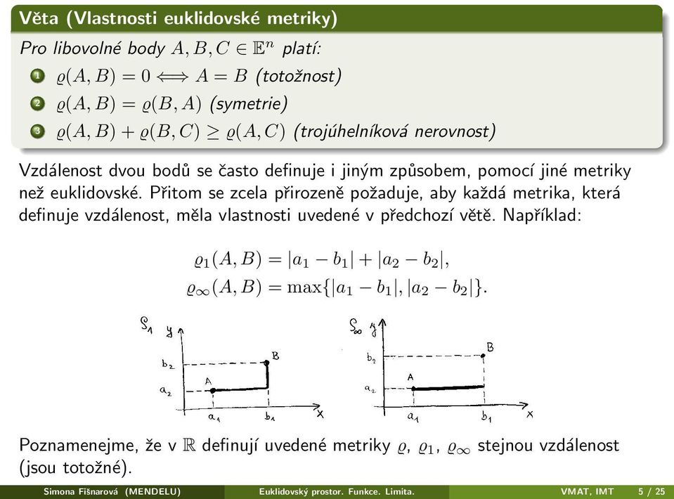 Přitom se zcela přirozeně požaduje, aby každá metrika, která definuje vzdálenost, měla vlastnosti uvedené v předchozí větě.