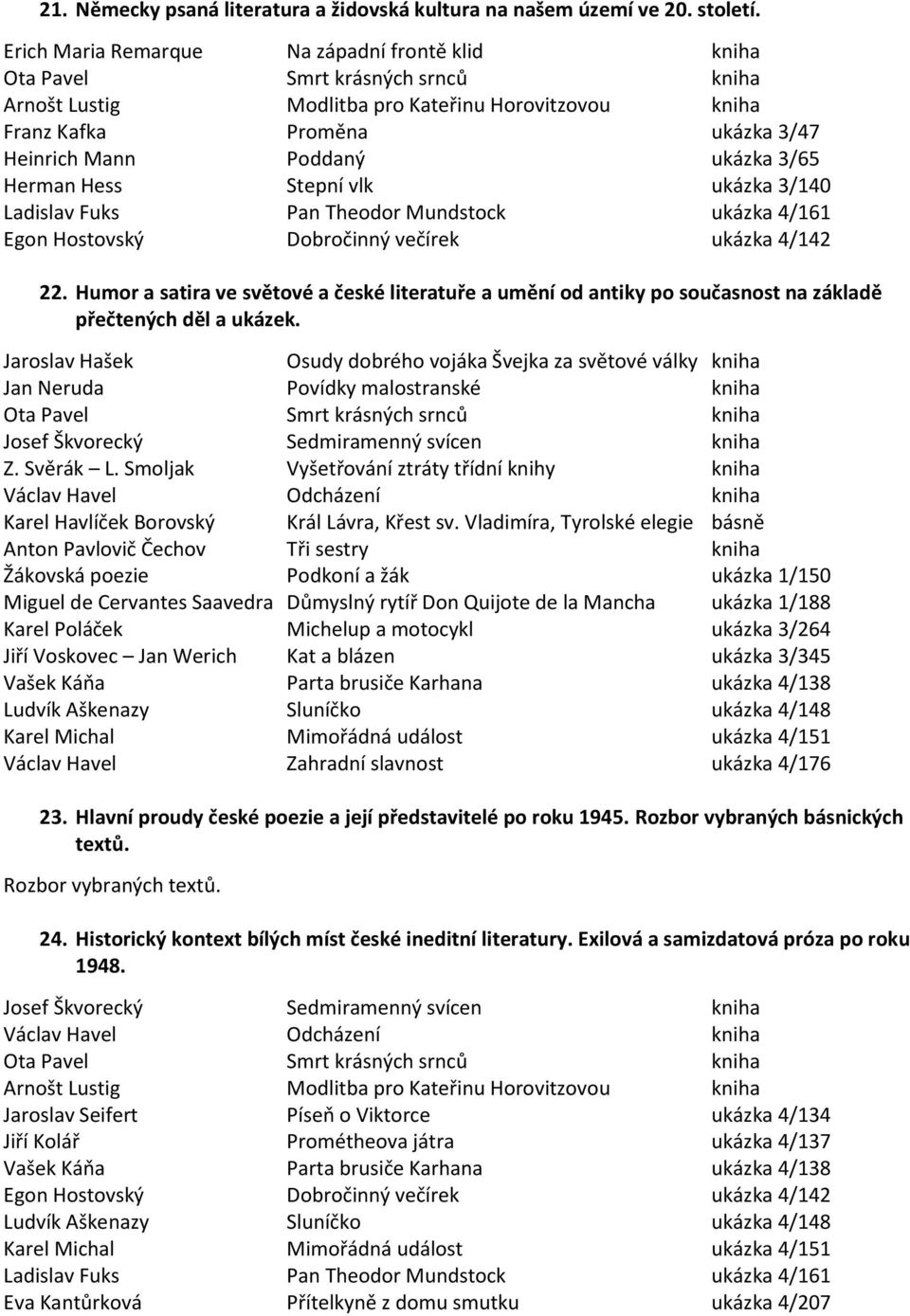 Hess Stepní vlk ukázka 3/140 Ladislav Fuks Pan Theodor Mundstock ukázka 4/161 Egon Hostovský Dobročinný večírek ukázka 4/142 22.