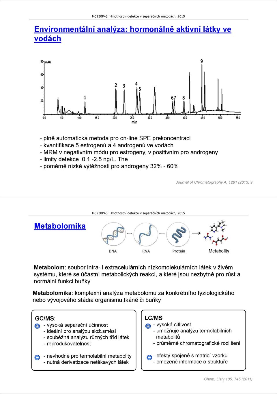 The - poměrně nízké výtěžnosti pro androgeny 32% - 60% Journal of Chromatography A, 1281 (2013) 9 Metabolomika Metabolity Metabolom: soubor intra- i extracelulárních nízkomolekulárních látek v živém