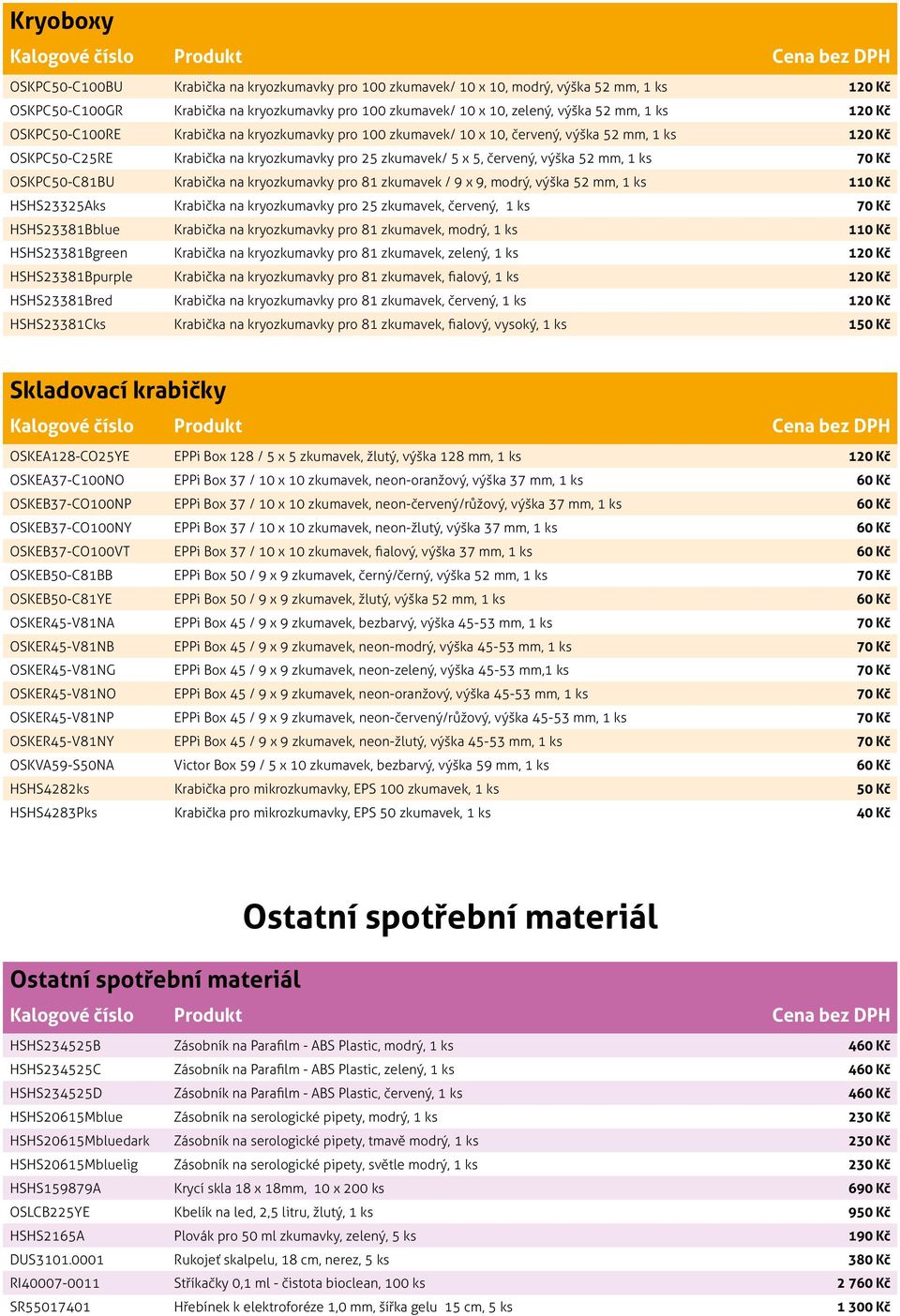 ks 70 Kč OSKPC50-C81BU Krabička na kryozkumavky pro 81 zkumavek / 9 x 9, modrý, výška 52 mm, 1 ks 110 Kč HSHS23325Aks Krabička na kryozkumavky pro 25 zkumavek, červený, 1 ks 70 Kč HSHS23381Bblue