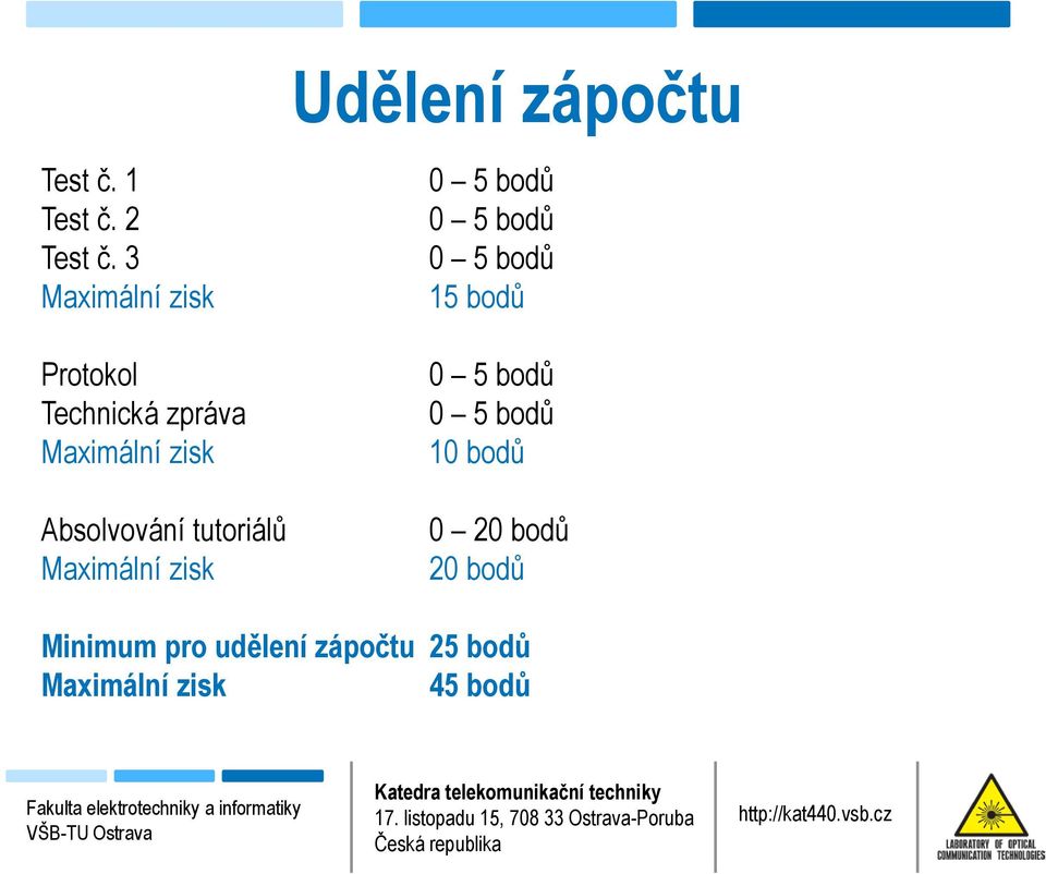 Absolvování tutoriálů Maximální zisk Udělení zápočtu 0 5 bodů 0 5