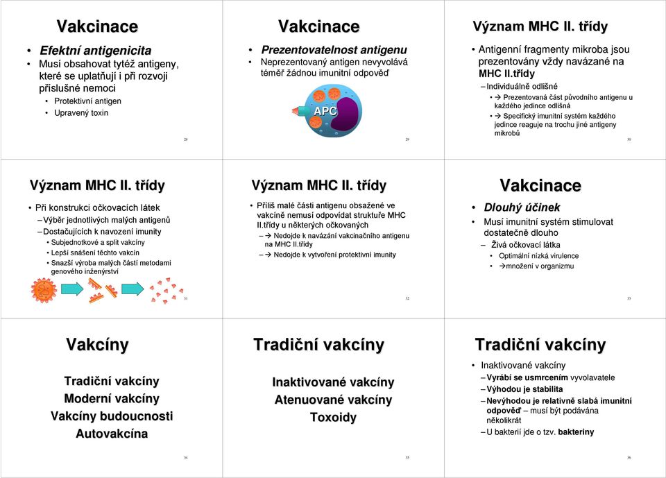 třídy Individuálně odlišné Prezentovaná část původního antigenu u každého jedince odlišná Specifický imunitní systém každého jedince reaguje na trochu jiné antigeny mikrobů 30 Význam MHC II.