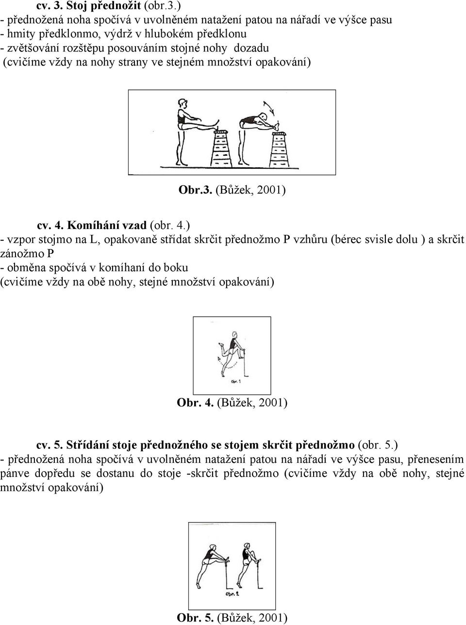 ) - přednožená noha spočívá v uvolněném natažení patou na nářadí ve výšce pasu - hmity předklonmo, výdrž v hlubokém předklonu - zvětšování rozštěpu posouváním stojné nohy dozadu (cvičíme vždy na nohy