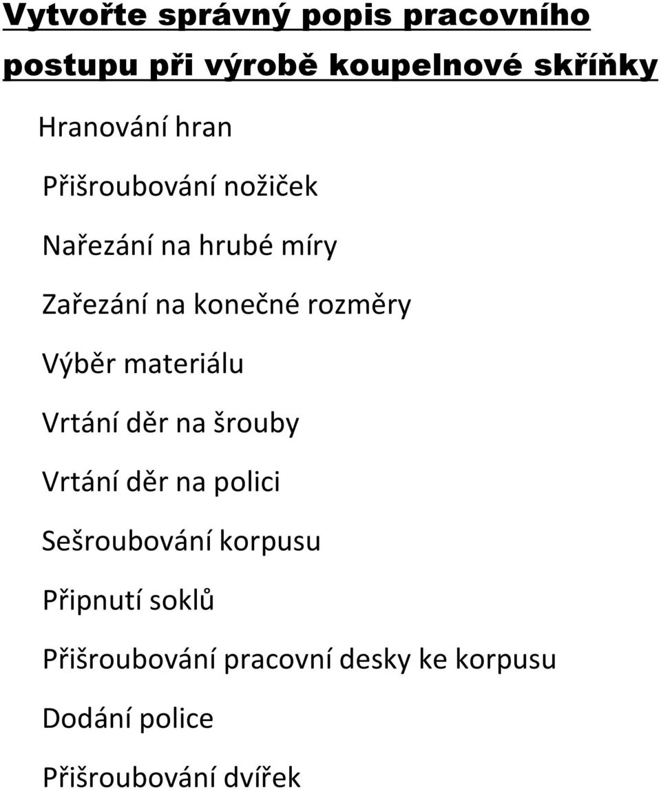 Výběr materiálu Vrtání děr na šrouby Vrtání děr na polici Sešroubování korpusu