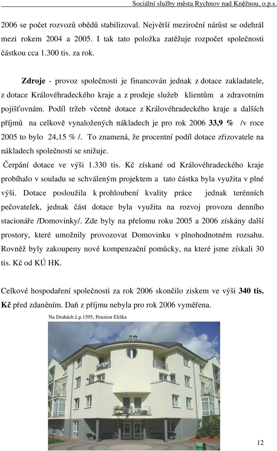 Podíl tržeb včetně dotace z Královéhradeckého kraje a dalších příjmů na celkově vynaložených nákladech je pro rok 2006 33,9 % /v roce 2005 to bylo 24,15 % /.