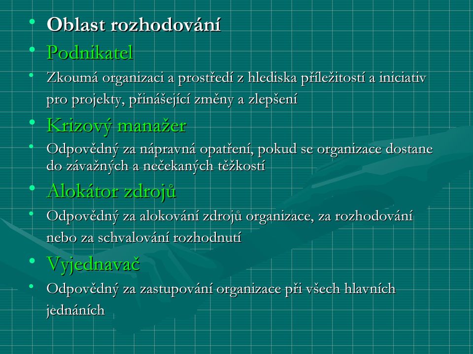 a nečekaných těžkostí Alokátor zdrojů Odpovědný za alokování zdrojů organizace, za rozhodování Odpovědný za alokování zdrojů organizace, za rozhodování nebo