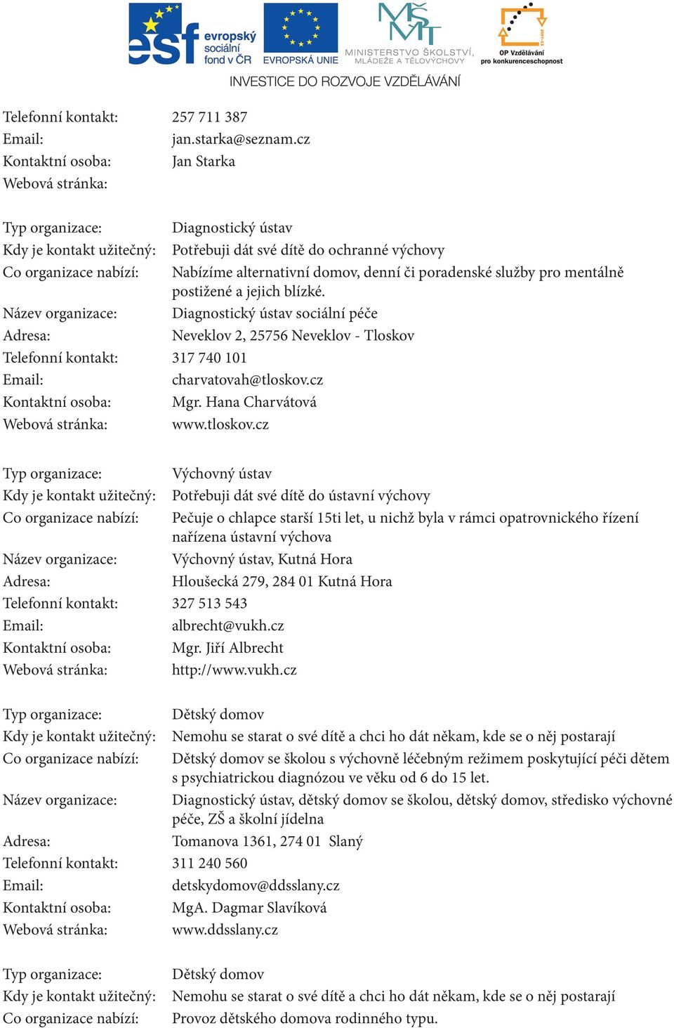 postižené a jejich blízké. Název organizace: Diagnostický ústav sociální péče Neveklov 2, 25756 Neveklov - Tloskov Telefonní kontakt: 317 740 101 charvatovah@tloskov.cz Kontaktní osoba: Mgr.