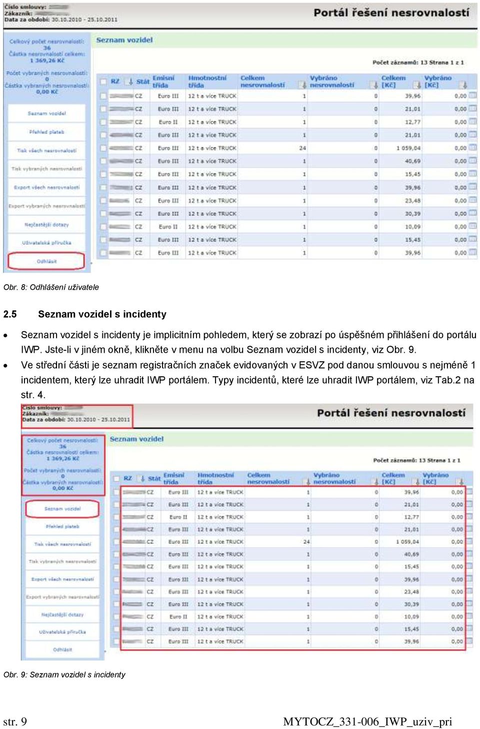 portálu IWP. Jste-li v jiném okně, klikněte v menu na volbu Seznam vozidel s incidenty, viz Obr. 9.
