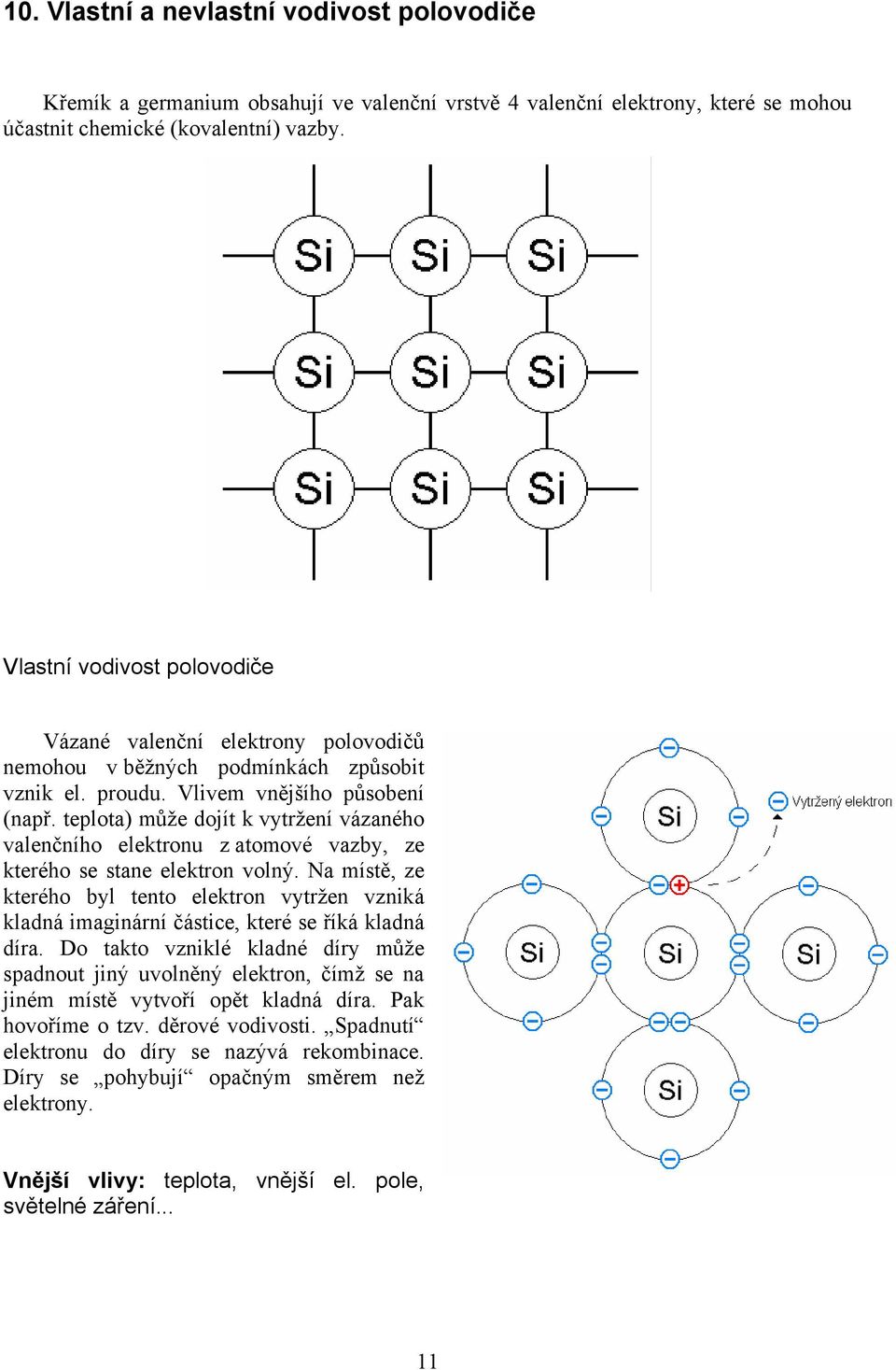 teplota) může dojít k vytržení vázaného valenčního elektronu z atomové vazby, ze kterého se stane elektron volný.