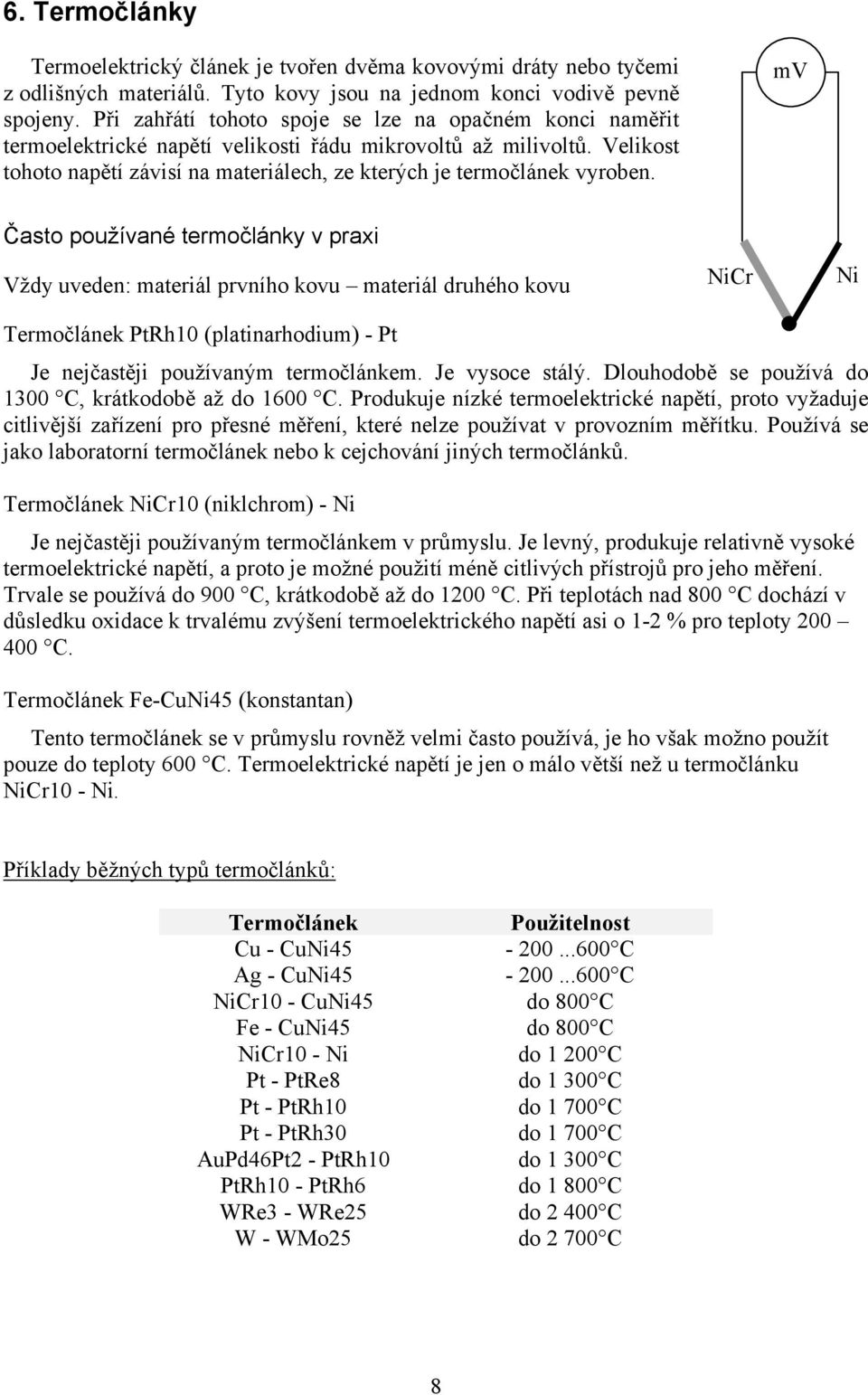 mv Často používané termočlánky v praxi Vždy uveden: materiál prvního kovu materiál druhého kovu NiCr Ni Termočlánek PtRh10 (platinarhodium) - Pt Je nejčastěji používaným termočlánkem. Je vysoce stálý.