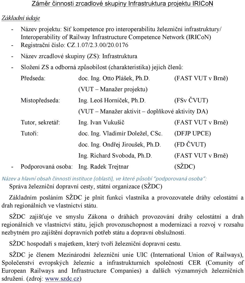 0176 - Název zrcadlové skupiny (ZS): Infrastruktura - Složení ZS a odborná způsobilost (charakteristika) jejich členů: Předseda: doc. Ing. Otto Plášek, Ph.D.