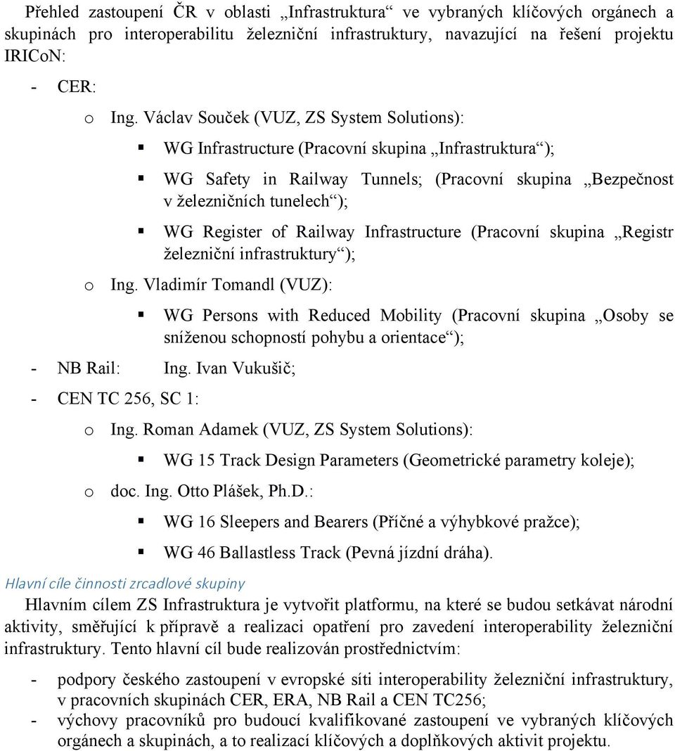 WG Register of Railway Infrastructure (Pracovní skupina Registr železniční infrastruktury ); o Ing. Vladimír Tomandl (VUZ):!