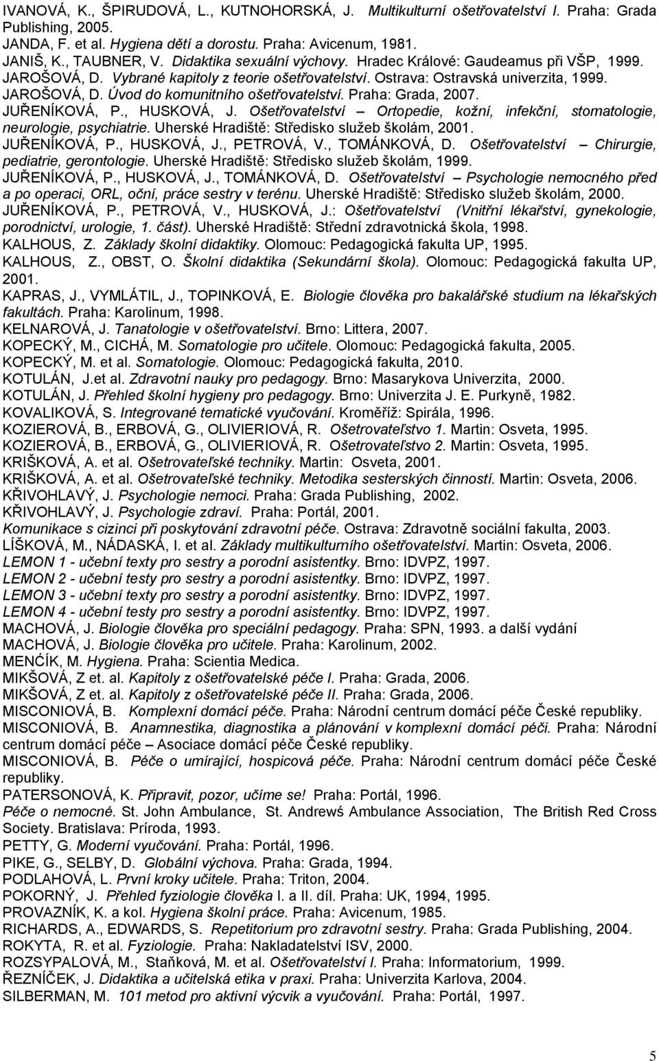 Praha: Grada, 2007. JUŘENÍKOVÁ, P., HUSKOVÁ, J. Ošetřovatelství Ortopedie, kožní, infekční, stomatologie, neurologie, psychiatrie. Uherské Hradiště: Středisko služeb školám, 2001. JUŘENÍKOVÁ, P., HUSKOVÁ, J., PETROVÁ, V.