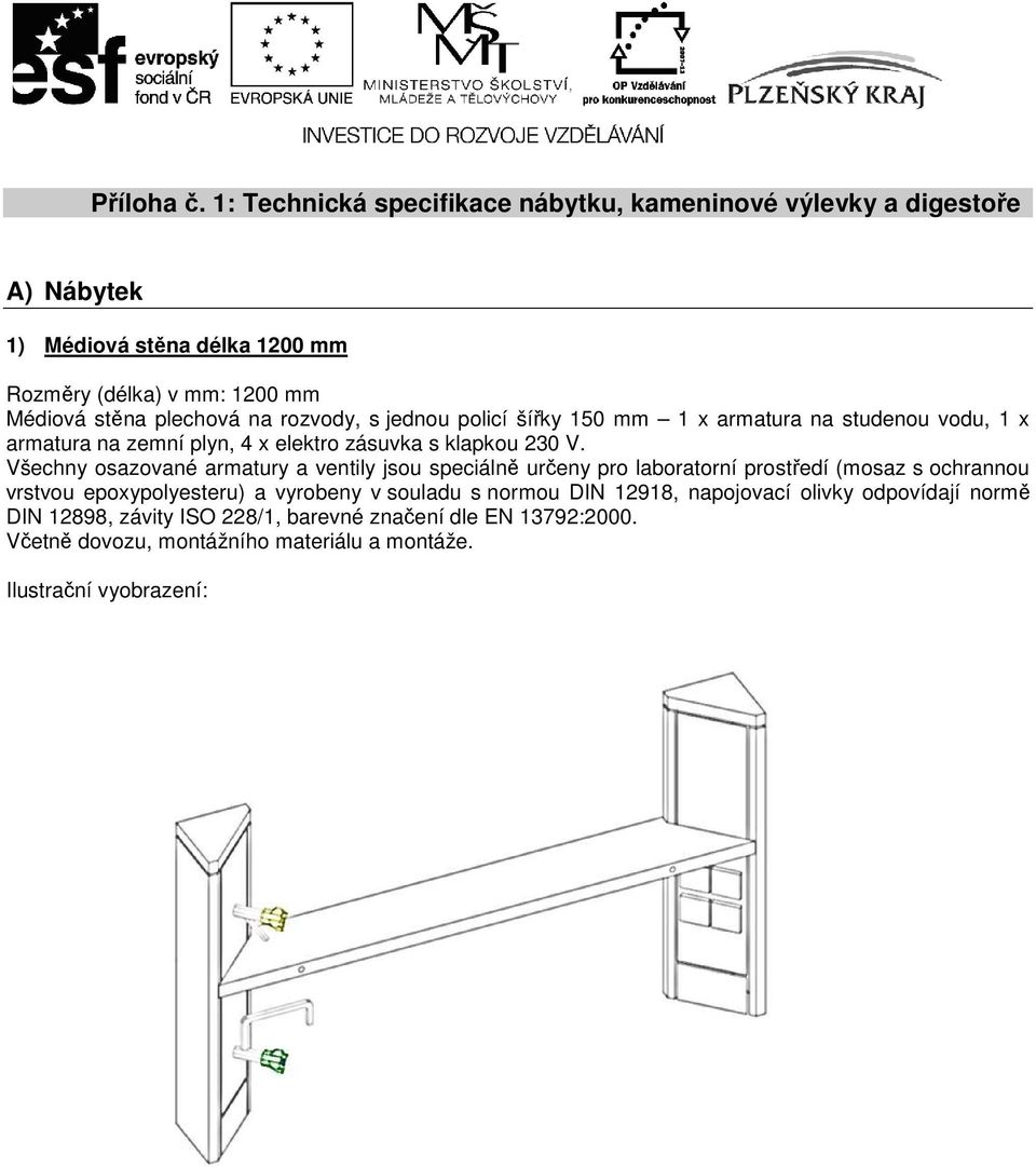 plechová na rozvody, s jednou policí šířky 150 mm 1 x armatura na studenou vodu, 1 x armatura na zemní plyn, 4 x elektro zásuvka s klapkou 230 V.