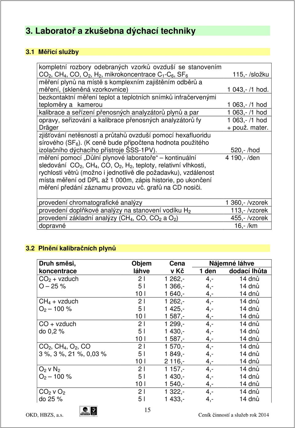 (skleněná vzorkovnice) bezkontaktní měření teplot a teplotních snímků infračervenými teploměry a kamerou kalibrace a seřízení přenosných analyzátorů plynů a par opravy, seřizování a kalibrace