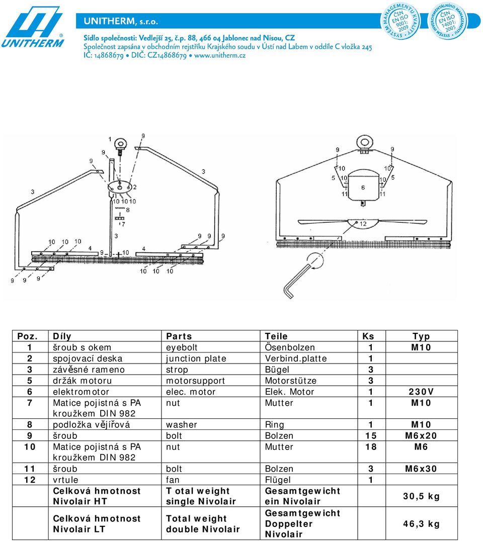 Motor 1 230V 7 Matice pojistná s PA nut Mutter 1 M10 kroužkem DIN 982 8 podložka v jí ová washer Ring 1 M10 9 šroub bolt Bolzen 15 M6x20 10 Matice pojistná s PA nut
