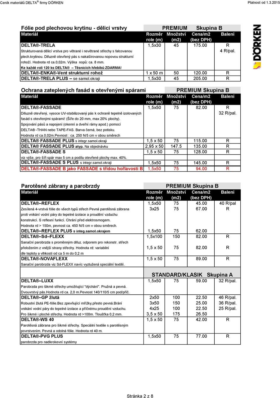DELTA -ENKA -Vent strukturní rohož 1 x 50 m 50 120.00 R DELTA -TRELA PLUS se samol.okraji 1,5x30 45 205.00 R Ochrana zateplených fasád s otevřenými spárami PREMIUM DELTA -FASSADE 1,5x50 75 82.