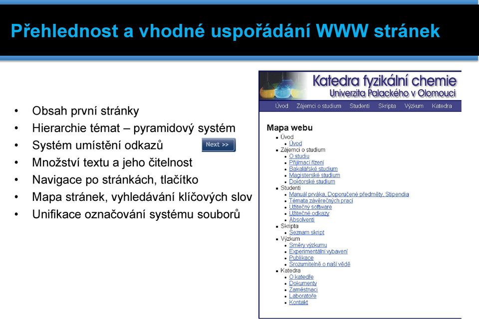 Množství textu a jeho čitelnost Navigace po stránkách, tlačítko