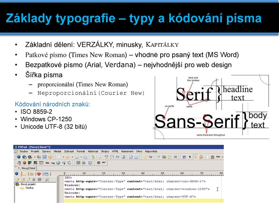 Verdana) nejvhodnější pro web design Šířka písma proporcionální (Times New Roman)