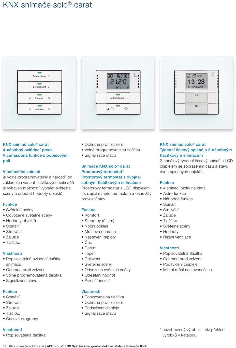Odvozené světelné scény Hodnoty objektů Tlačítko Popisovatelná ovládací tlačítka snímačů Volně programovatelná tlačítka Tlačítko Časové programy Volně programovatelná tlačítka Snímače KNX solo carat
