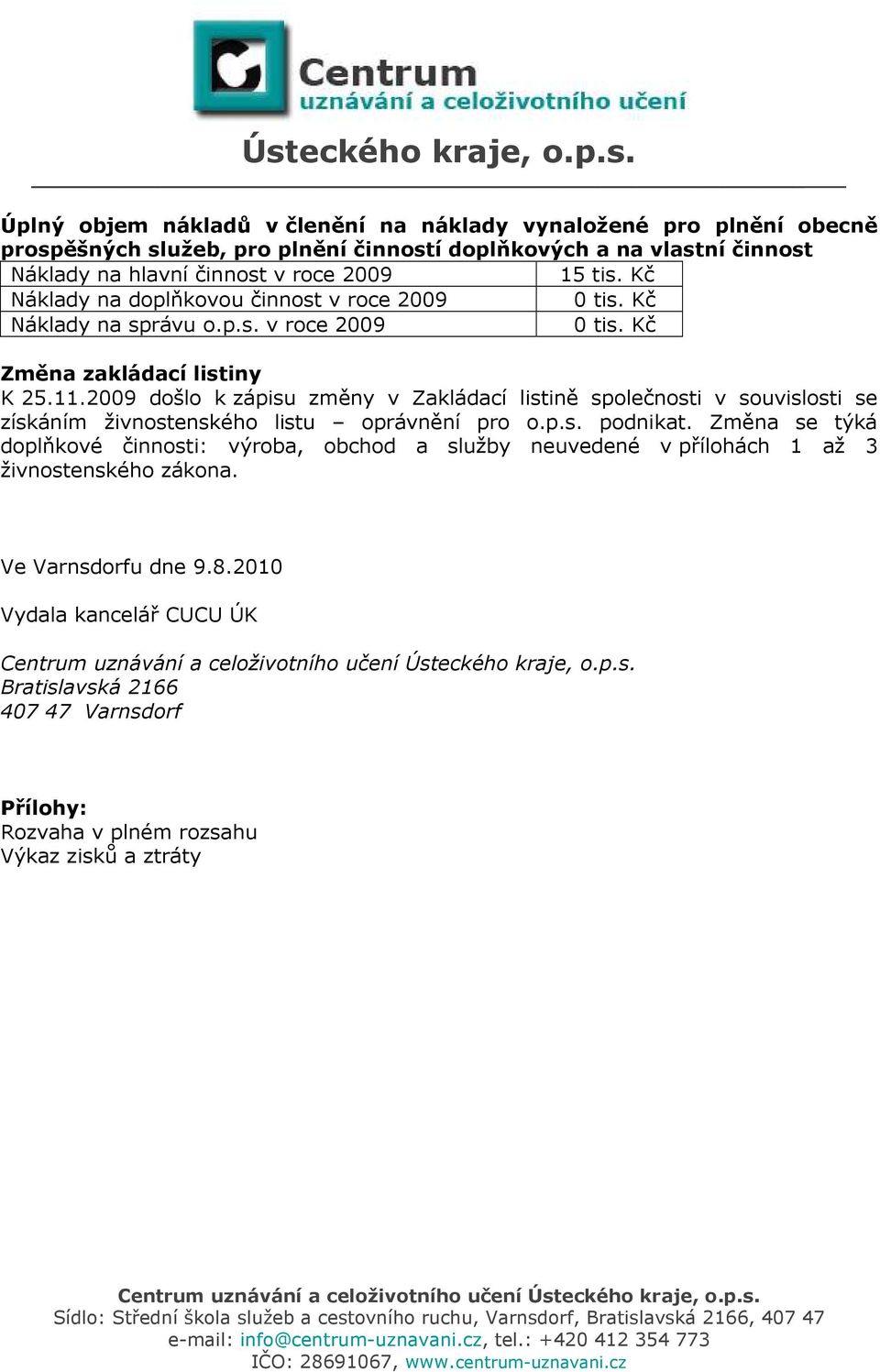 2009 došlo k zápisu změny v Zakládací listině společnosti v souvislosti se získáním živnostenského listu oprávnění pro o.p.s. podnikat.