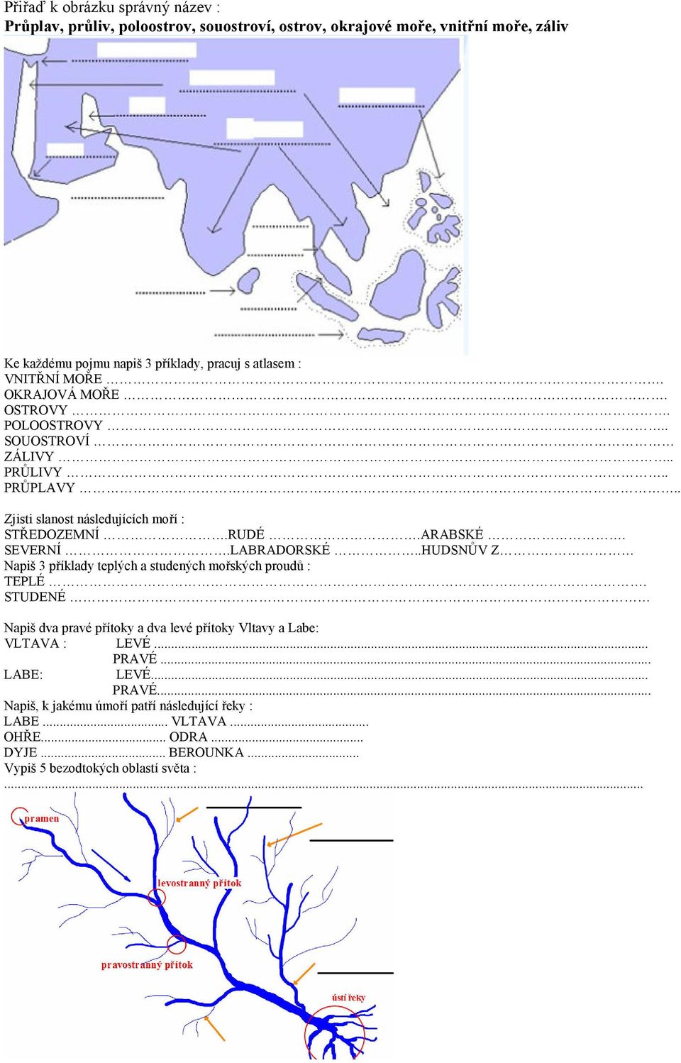 LABRADORSKÉ..HUDSNŮV Z Napiš 3 příklady teplých a studených mořských proudů : TEPLÉ STUDENÉ Napiš dva pravé přítoky a dva levé přítoky Vltavy a Labe: VLTAVA : LEVÉ.