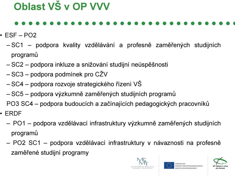 zaměřených studijních programů PO3 SC4 podpora budoucích a začínajících pedagogických pracovníků ERDF PO1 podpora vzdělávací