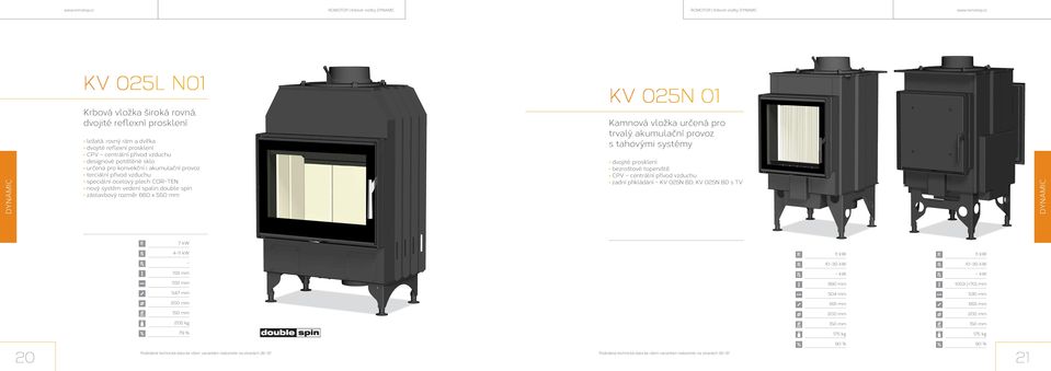 zástavbový rozměr 660 x 550 mm KV 025N 01 Kamnová vložka určená pro trvalý akumulační provoz s tahovými systémy dvojité prosklení bezroštové topeniště zadní přikládání