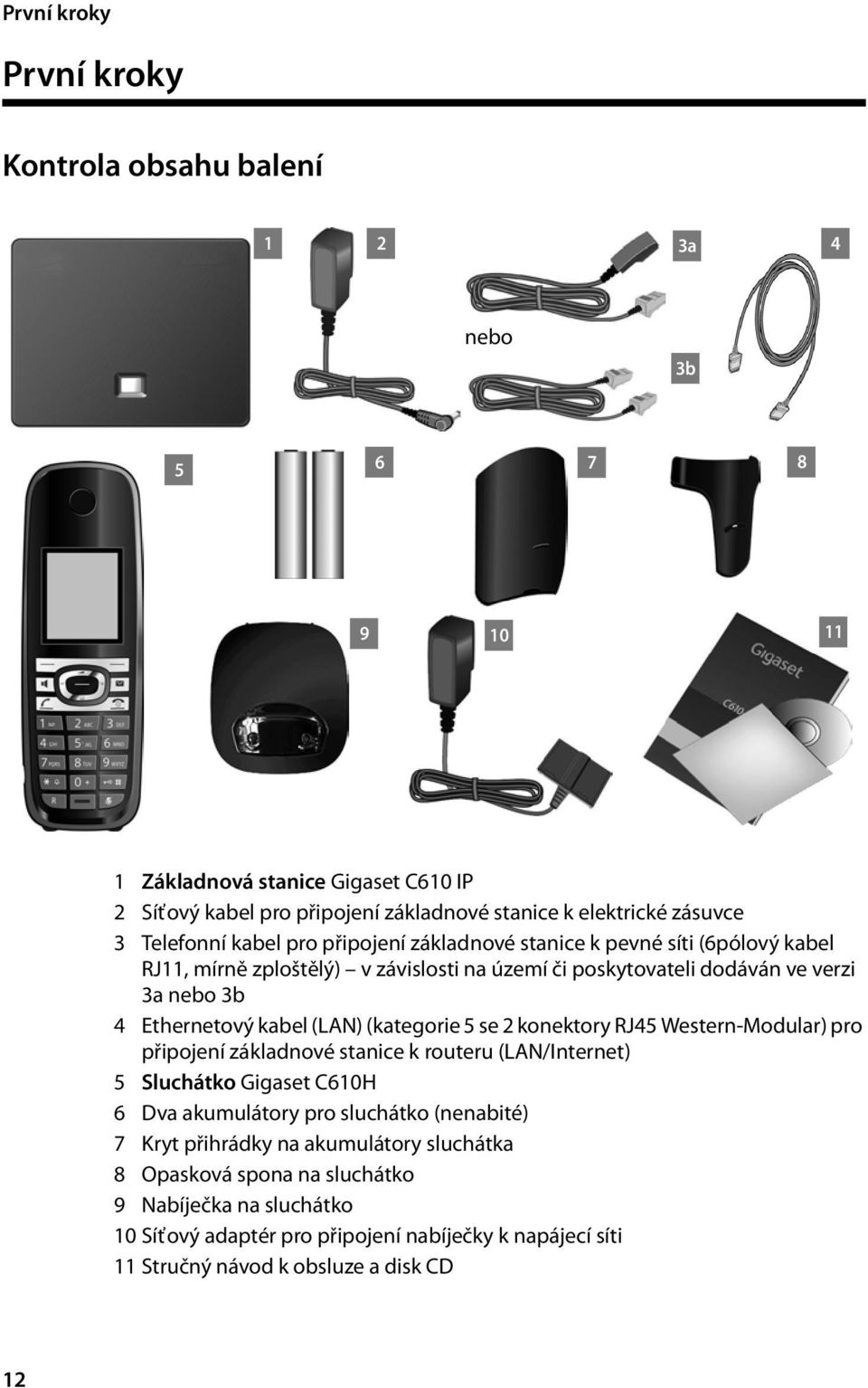 (LAN) (kategorie 5 se 2 konektory RJ45 Western-Modular) pro připojení základnové stanice k routeru (LAN/Internet) 5 Sluchátko Gigaset C610H 6 Dva akumulátory pro sluchátko (nenabité) 7