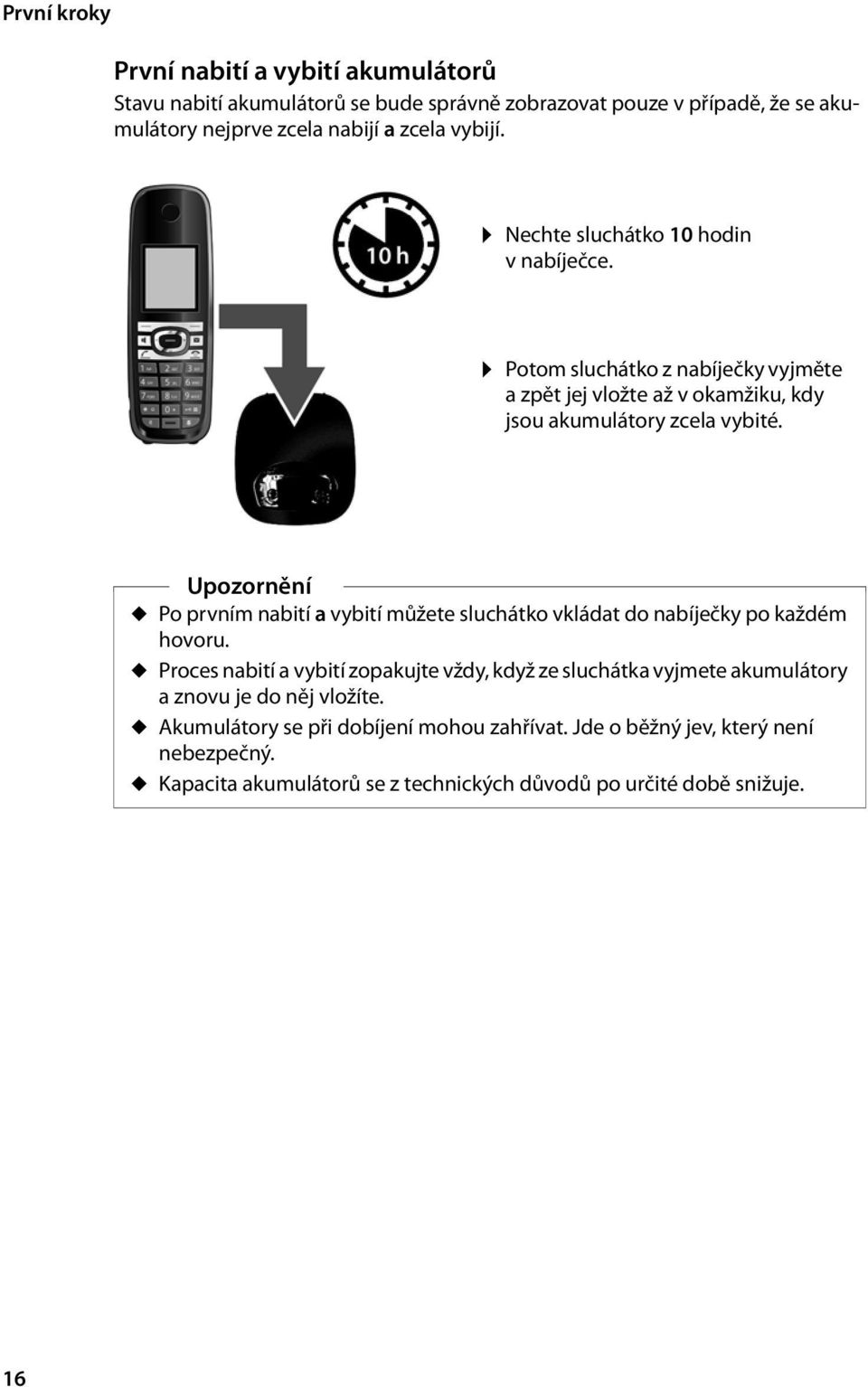 Upozornění u Po prvním nabití a vybití můžete sluchátko vkládat do nabíječky po každém hovoru.