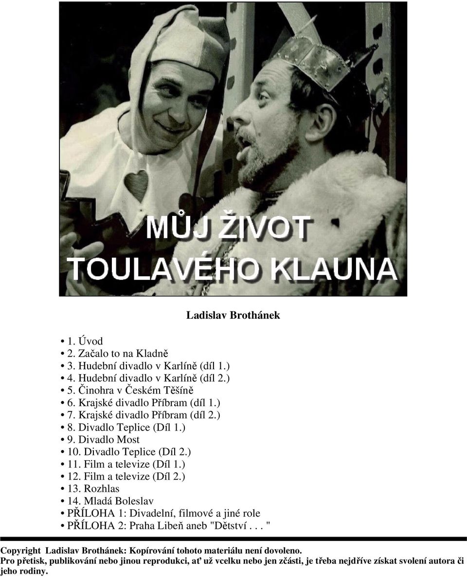 ) 12. Film a televize (Díl 2.) 13. Rozhlas 14. Mladá Boleslav PŘÍLOHA 1: Divadelní, filmové a jiné role PŘÍLOHA 2: Praha Libeň aneb "Dětství.