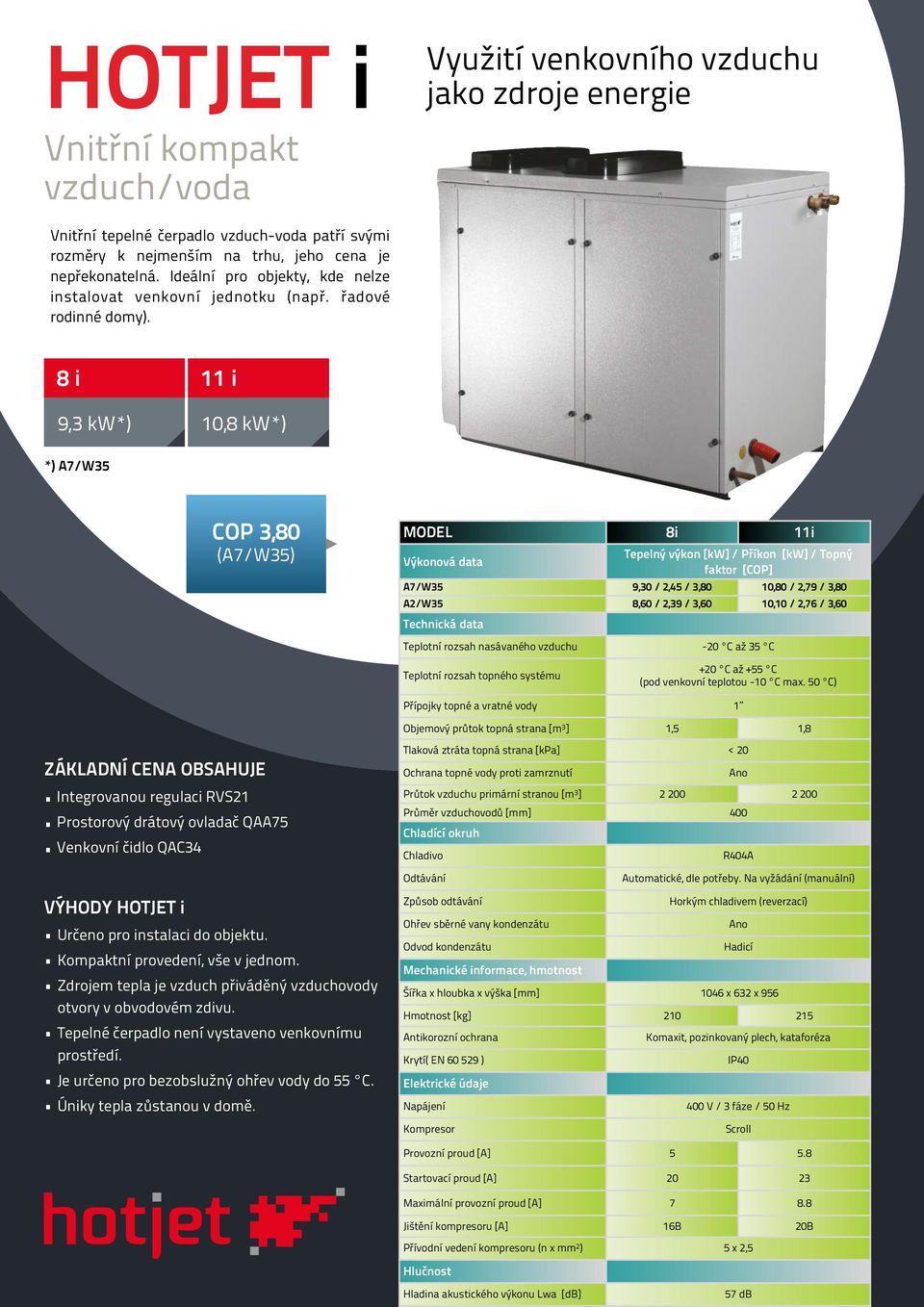 8 i 9,3 kw*) 11 i 10,8 kw*) *) A7/W35 COP 3,80 (A7/W35) MODEL 8i 11i Výkonová data Tepelný výkon [kw] / Příkon [kw] / Topný faktor [COP] A7/W35 9,30 / 2,45 / 3,80 10,80 / 2,79 / 3,80 A2/W35 8,60 /