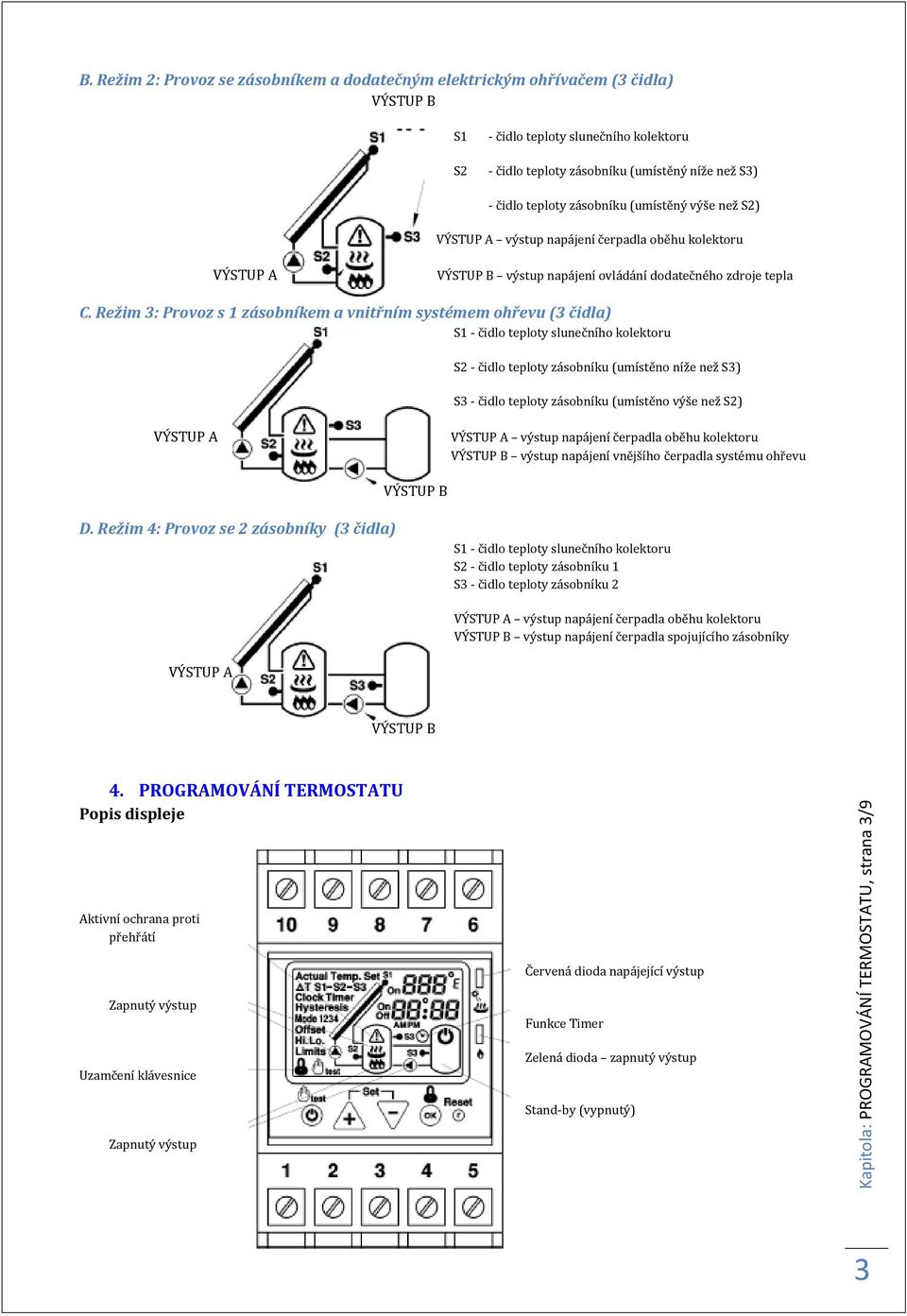 zásobníku (umístěný výše než S2) výstup napájení čerpadla oběhu kolektoru VÝSTUP B výstup napájení ovládání dodatečného zdroje tepla C.