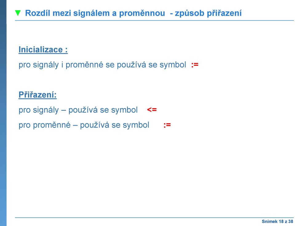 symbol := Přiřazení: pro signály používá se symbol