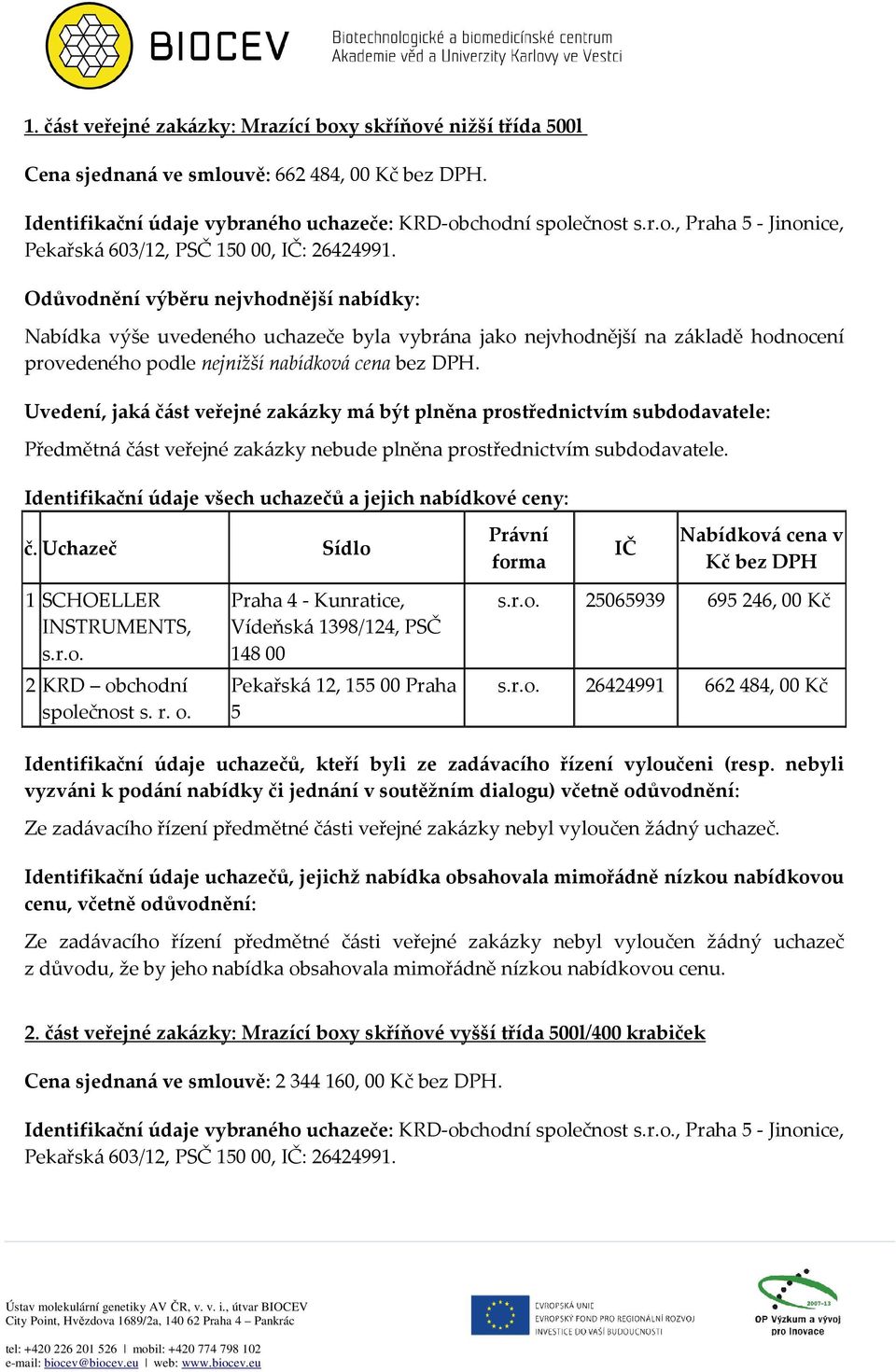 1 SCHOELLER INSTRUMENTS, 2 KRD obchodní Praha 4 - Kunratice, Vídeňská 1398/124, PSČ 148 00 Pekařská 12, 155 00 Praha 5 25065939 695 246, 00 Kč 26424991 662