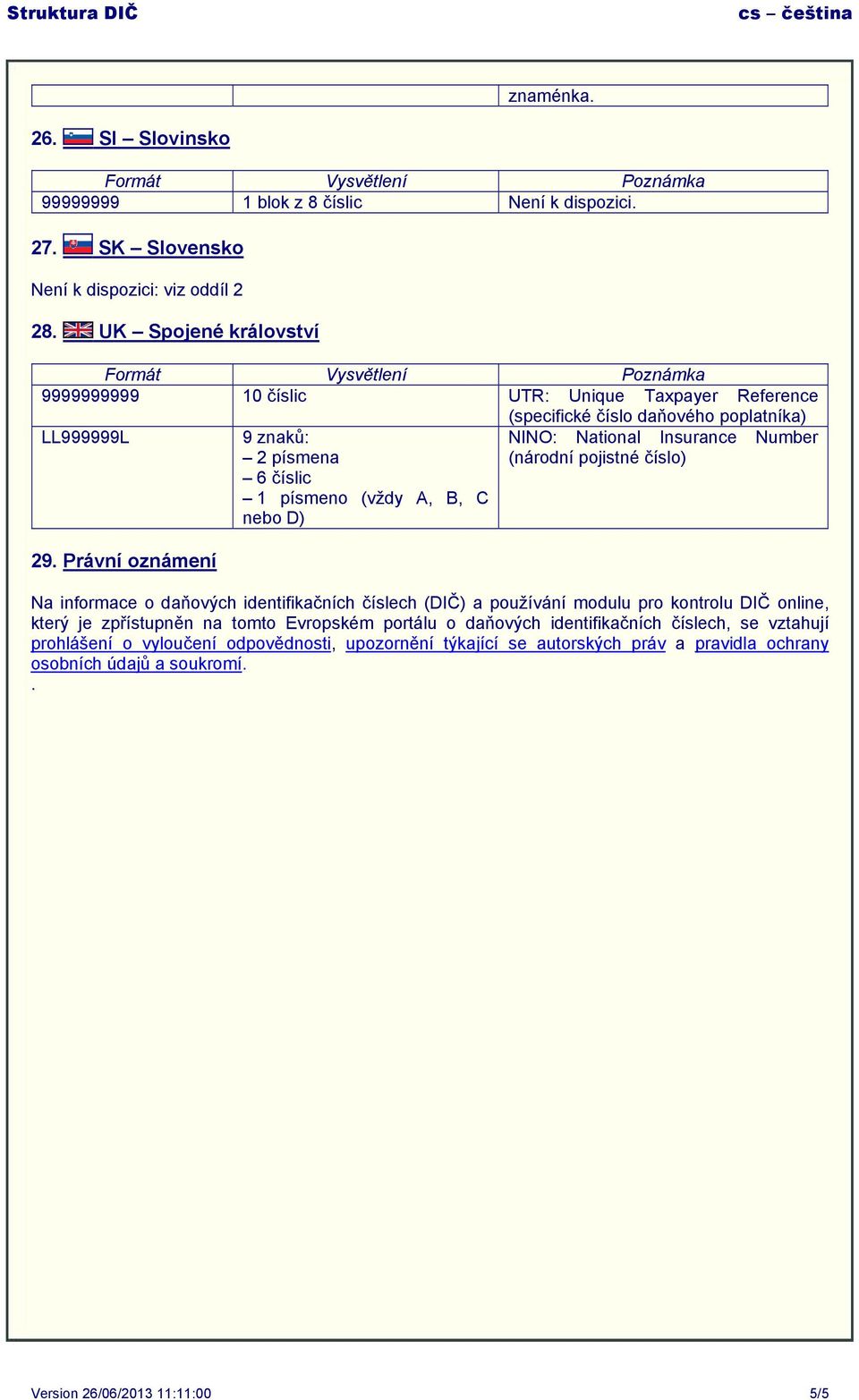 Právní oznámení 9 znaků: 2 písmena 6 číslic 1 písmeno (vždy A, B, C nebo D) NINO: National Insurance Number (národní pojistné číslo) Na informace o daňových identifikačních číslech